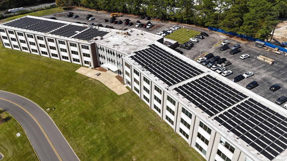 Aerial view of the completed Ladd Office Park rooftop solar arrays