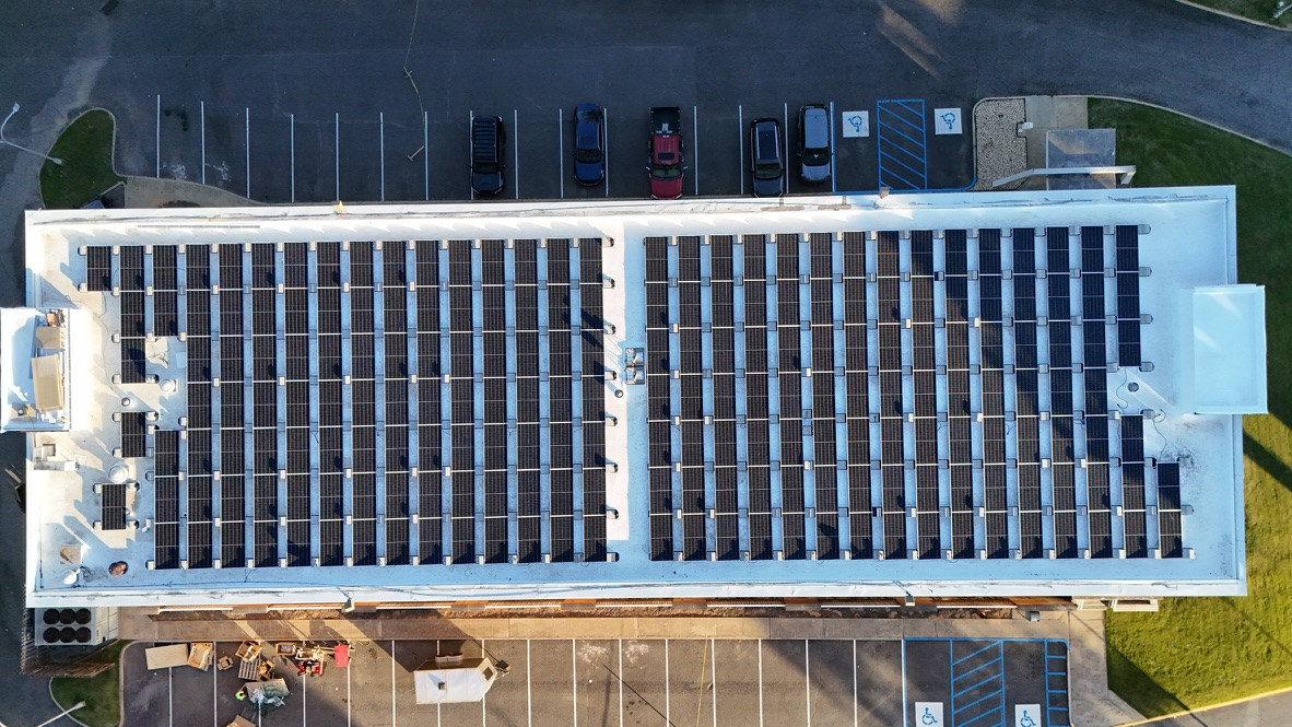 Top-down aerial view of a completed Ladd Office Park rooftop array