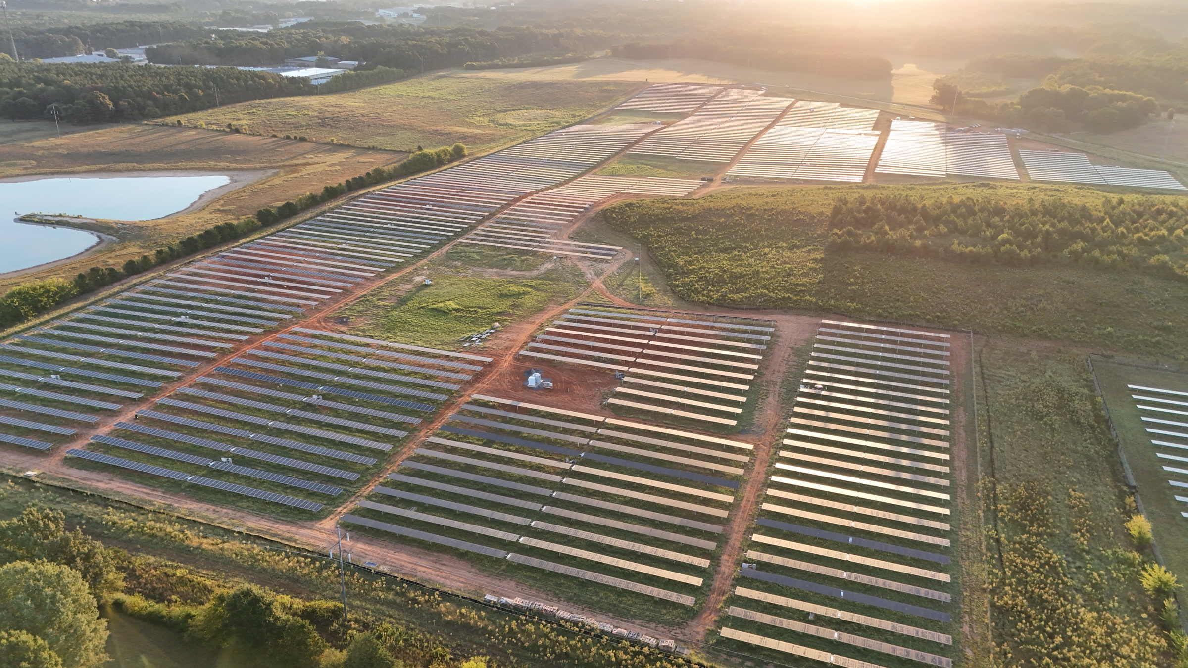 Aerial view of the Murray Treadwell solar array at sunset